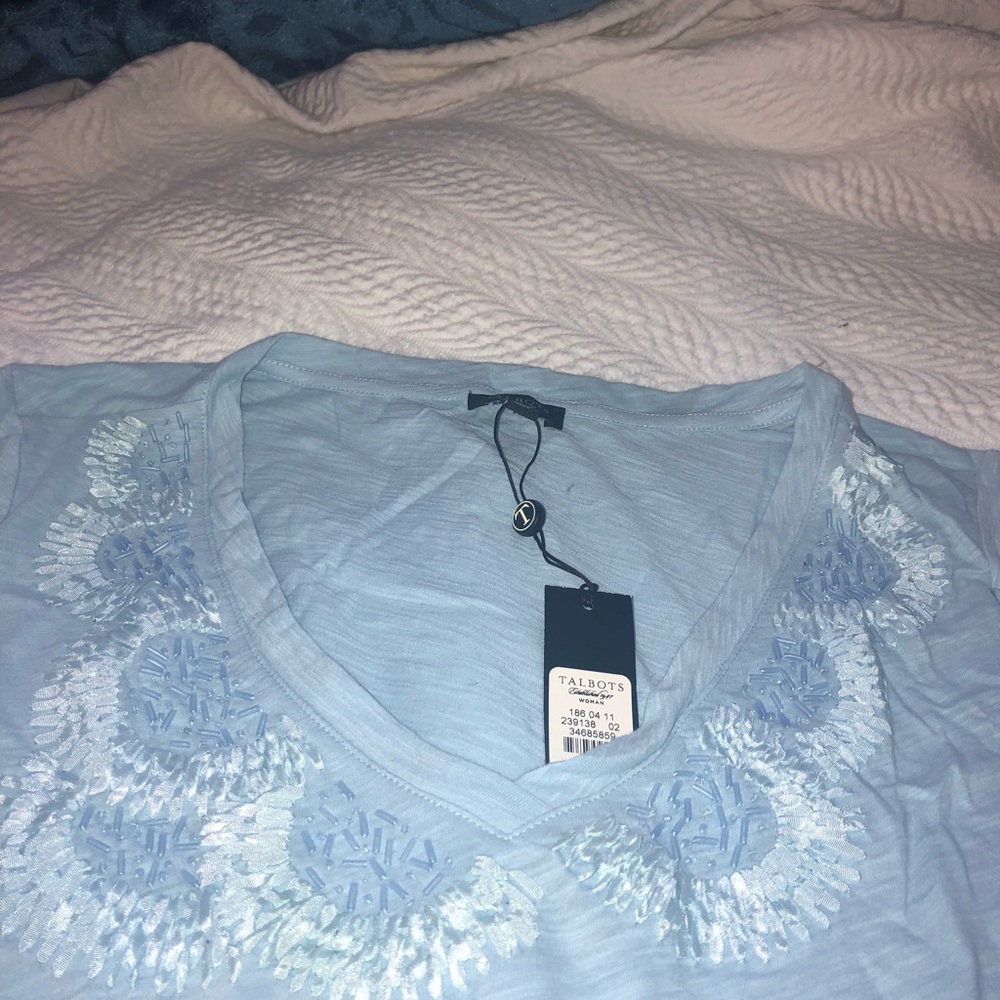 Talbots light Blue v neck embellished shirt